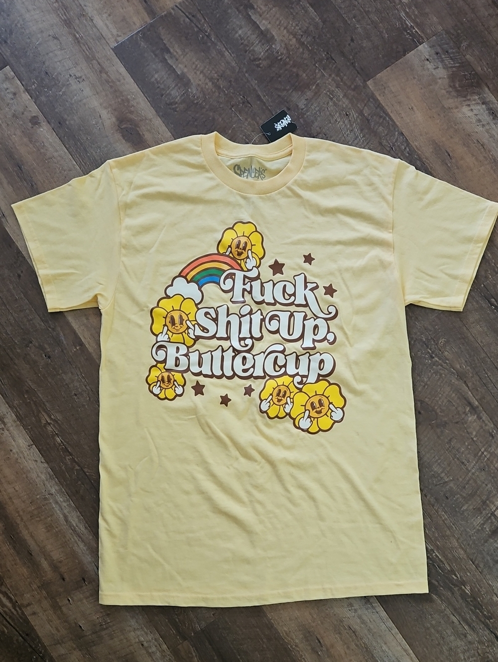 Spencer's Yellow Retro Graphic Tee with Rainbow & Florals